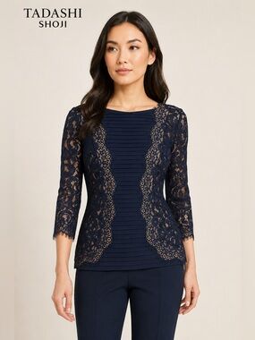 Tadashi Shoji Navy Lace Pleated Top Size S Made in USA
